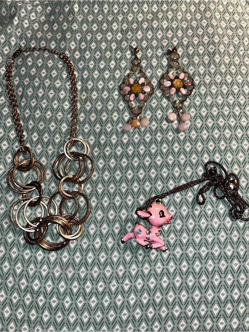 Betsey Pink Deer Pendant 1990s Necklace and Banana Republic Floral Drop Earrings